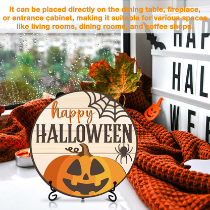 Seclate Halloween Desk Decorations for Home, Wooden Table Centerpieces 8x8 Inches with Iron Stand for Office Living Room Shelf Decor, Pumpkin Ghost Witch Design Gifts for Women Friends - E06