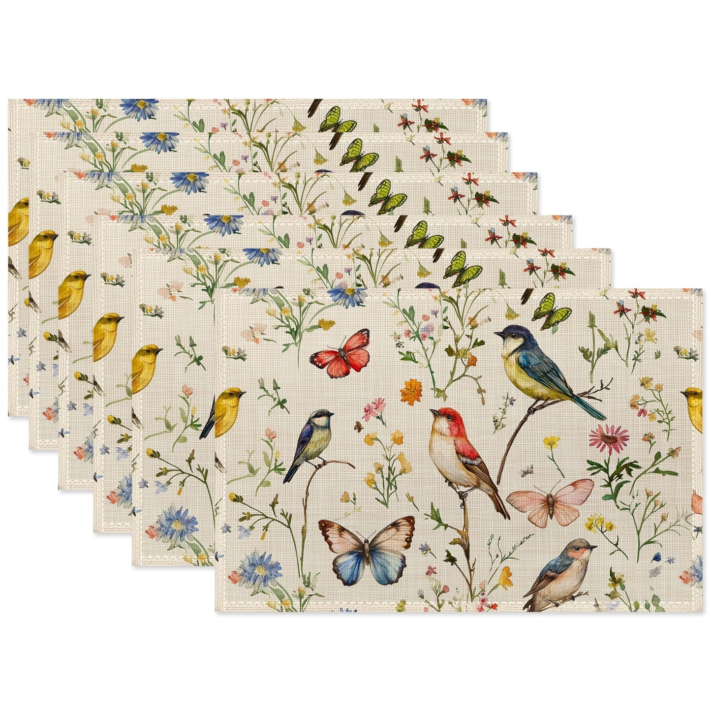 Vintage Bird Placemats Set of 6,Butterfly Flower Waterproof Heat Resistant Dining Table Plate Mat for Home Kitchen Dining Table 12x18Inch