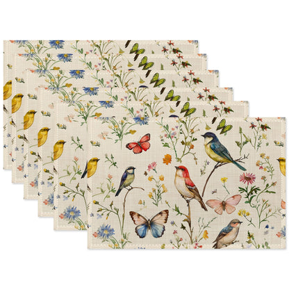 Vintage Bird Placemats Set of 6,Butterfly Flower Waterproof Heat Resistant Dining Table Plate Mat for Home Kitchen Dining Table 12x18Inch