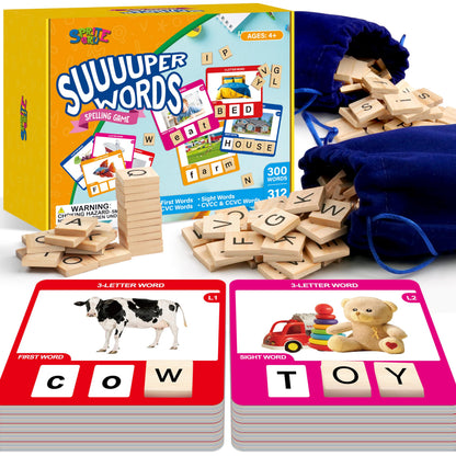 Word Spelling Game, 312 Wooden Letters Tiles & 300 Common Words for - CVC, CVCC, CCVC, Sight Word & First Word Learning, Montessori Early Educational Tool for Kids 4-9, Autistic Toys for Grades 1-3
