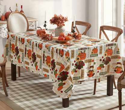 Newbridge Fall Hayride & Happy Scarecrow Vinyl Tablecloth with Flannel Backing, 52 x 70 Inch Rectangle – Gingham Turkeys & Pumpkins Rustic Thanksgiving Table Cover