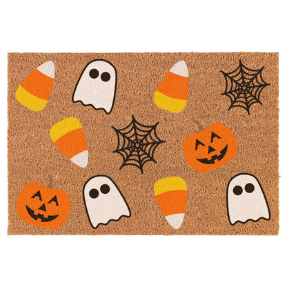 Welcome Doormat Coco Coir Door Mat Gift White Ghosts Spider Webs Jack-o'-Lanterns Candy Corn Halloween (30" x 18")