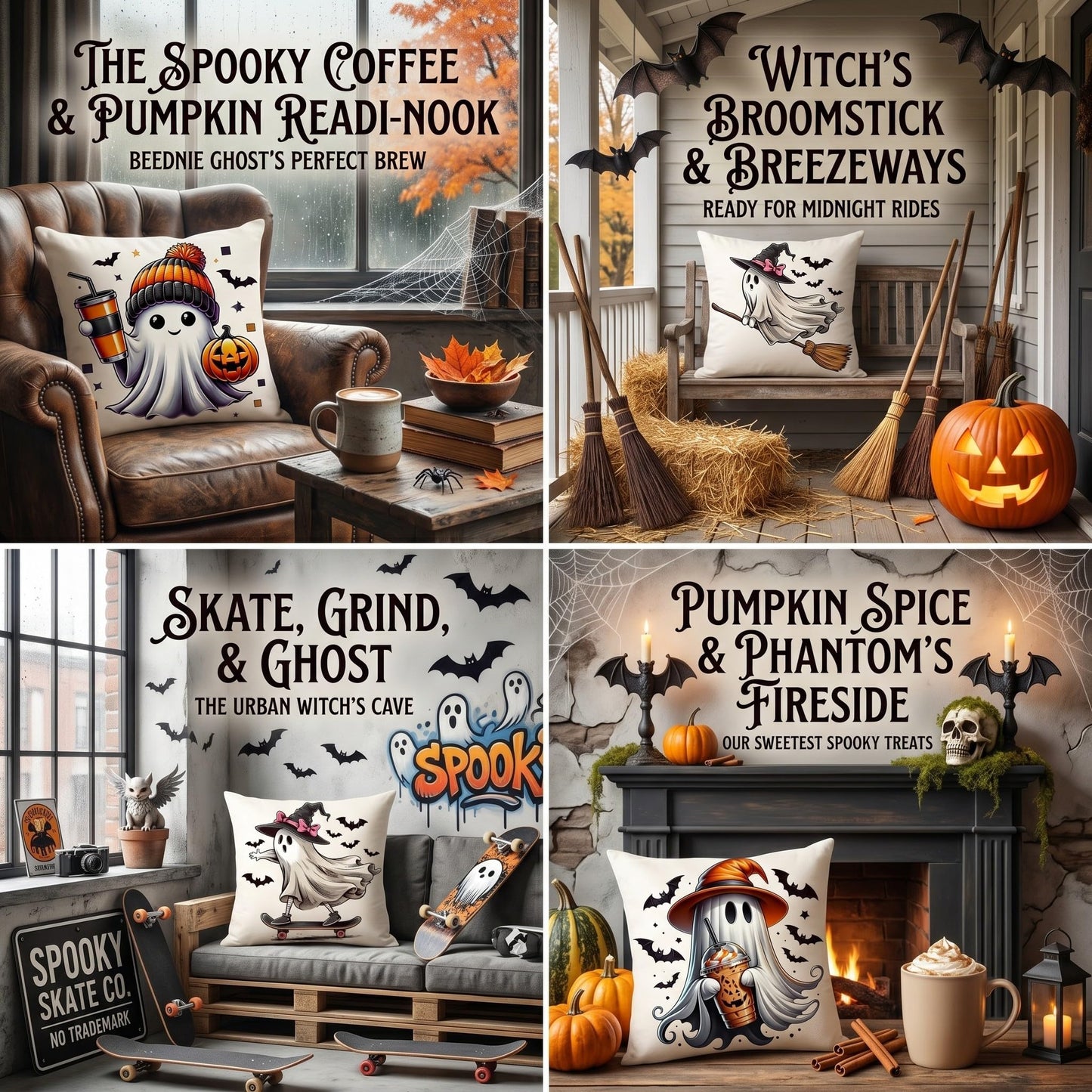 Fall Halloween Thanksgiving Pillow Covers 18x18 Set of 4, Faux Linen Polyester Decorative Throw Pillow Cases for Harvest Home Sofa Couch Bed Decor (CuteGhost)