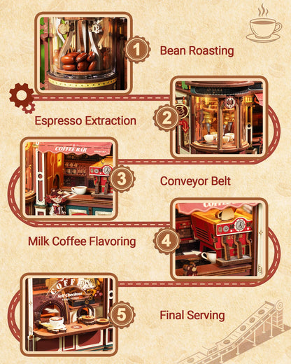 ROKR Dream Coffee Factory, Wooden Music Box Model, Mechanical 3D Wooden Puzzles for Adults, Building Kit with Moving LED Lights, Miniature House Kits, Desk Decor Gift