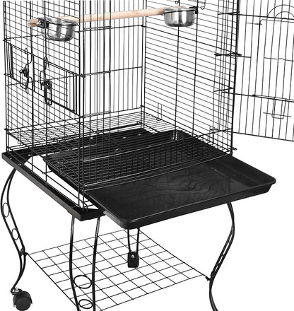 SUPER DEAL 64'' Rolling Bird Cage Large Wrought Iron Cage for Cockatiel Sun Conure Parakeet Finch Budgie Lovebird Canary Medium Pet House with Rolling Stand & Storage Shelf