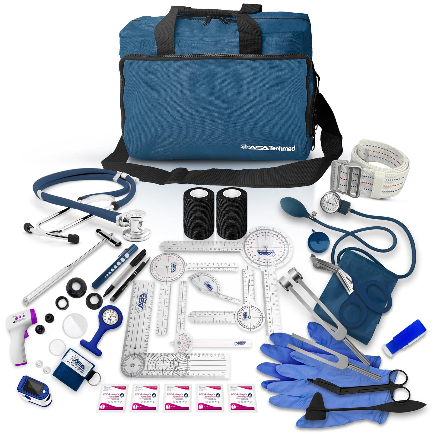 ASA TECHMED Physical Therapy Home Health Aide Comprehensive Kit - Carrying Bag, Blood Pressure Cuff, Stethoscope, Gait Belt - Blue