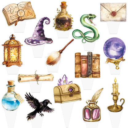 Magical Wizard Birthday Cupcake Toppers 48 Pieces Wizard Hat Flying Broomstick Cupcake Picks for Magic School Themed Party Dessert Decorations