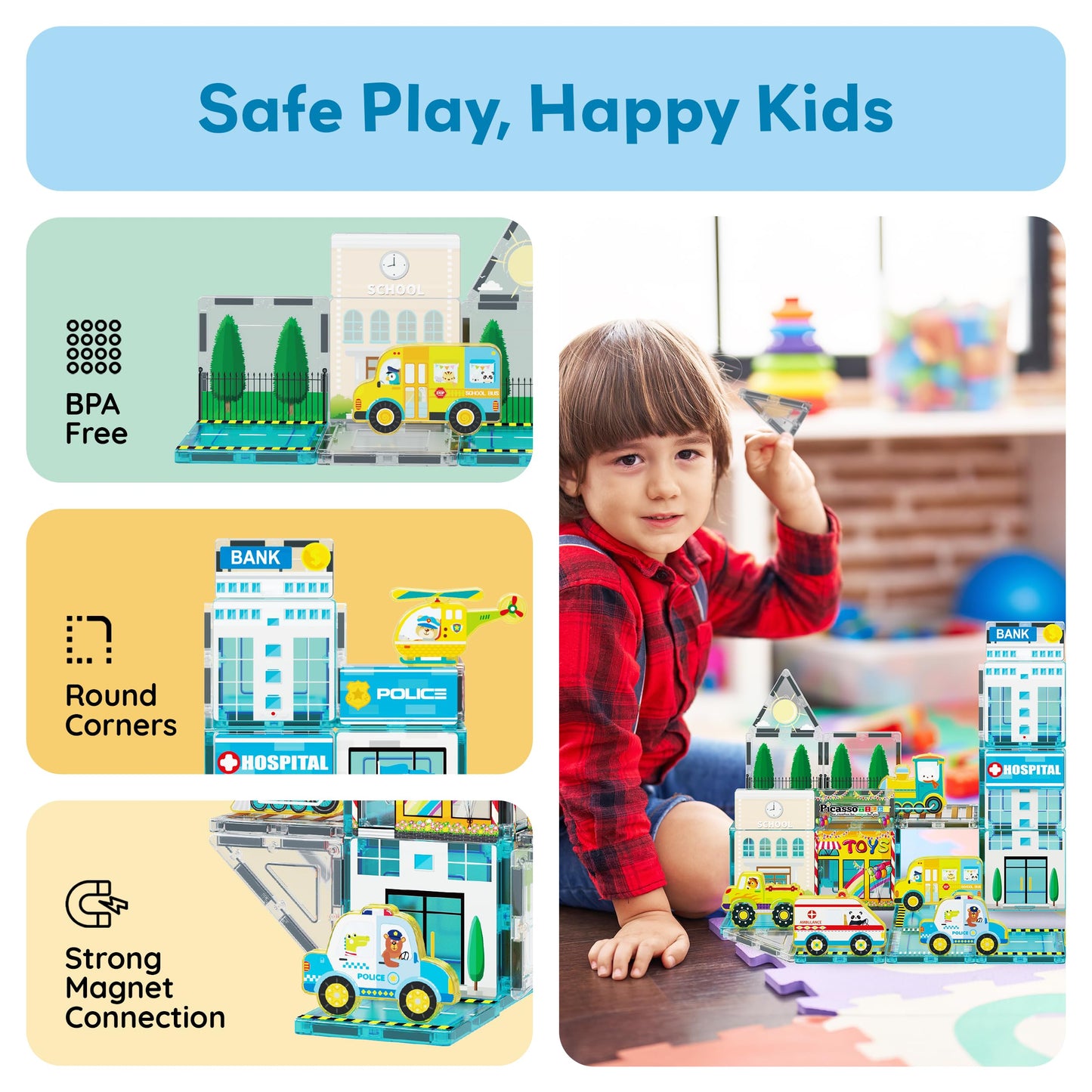 PicassoTiles Metro City Hospital Magnetic Tile Building Set with 8 Vehicles and Figures Educational Magnet Blocks Construction for Kids Age 3 Plus STEM Role Play Town Imagination Learning Toy PTQ14