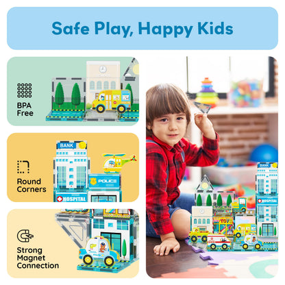 PicassoTiles Metro City Hospital Magnetic Tile Building Set with 8 Vehicles and Figures Educational Magnet Blocks Construction for Kids Age 3 Plus STEM Role Play Town Imagination Learning Toy PTQ14