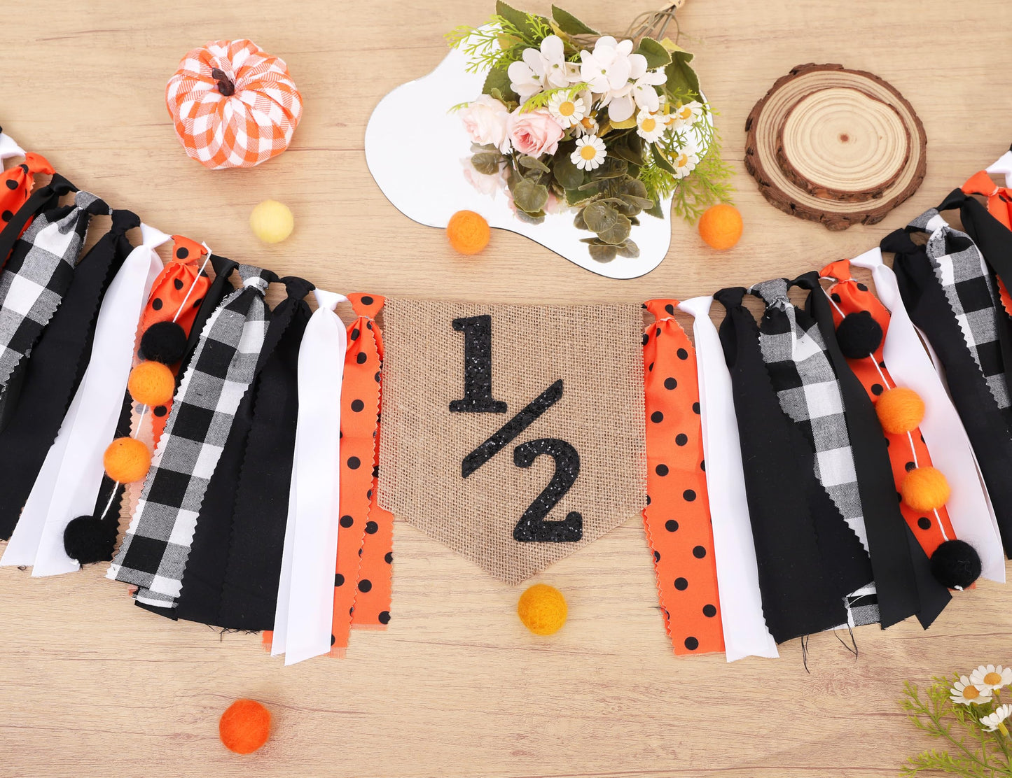 Halloween Half Birthday Highchair Banner - Black Orange Girls Half Birthday Banner, Spooky 1/2 Cake Smash Photo Backdrop, Fall Thanksgiving Day 6 Months Party Supplies