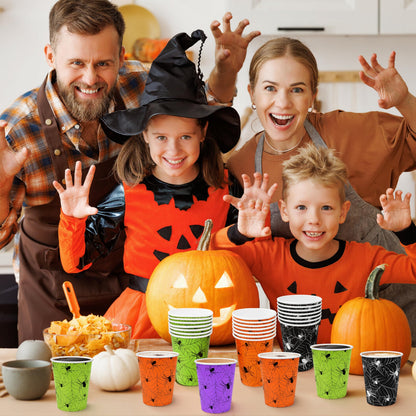 TREWAVE 48Pcs Halloween Paper Cups - 9oz Disposable Party Cups for Hot/Cold Drinks, Snacks - Spider Web Pattern Design in Orange, Purple, Black, Green - Festival Party Supplies
