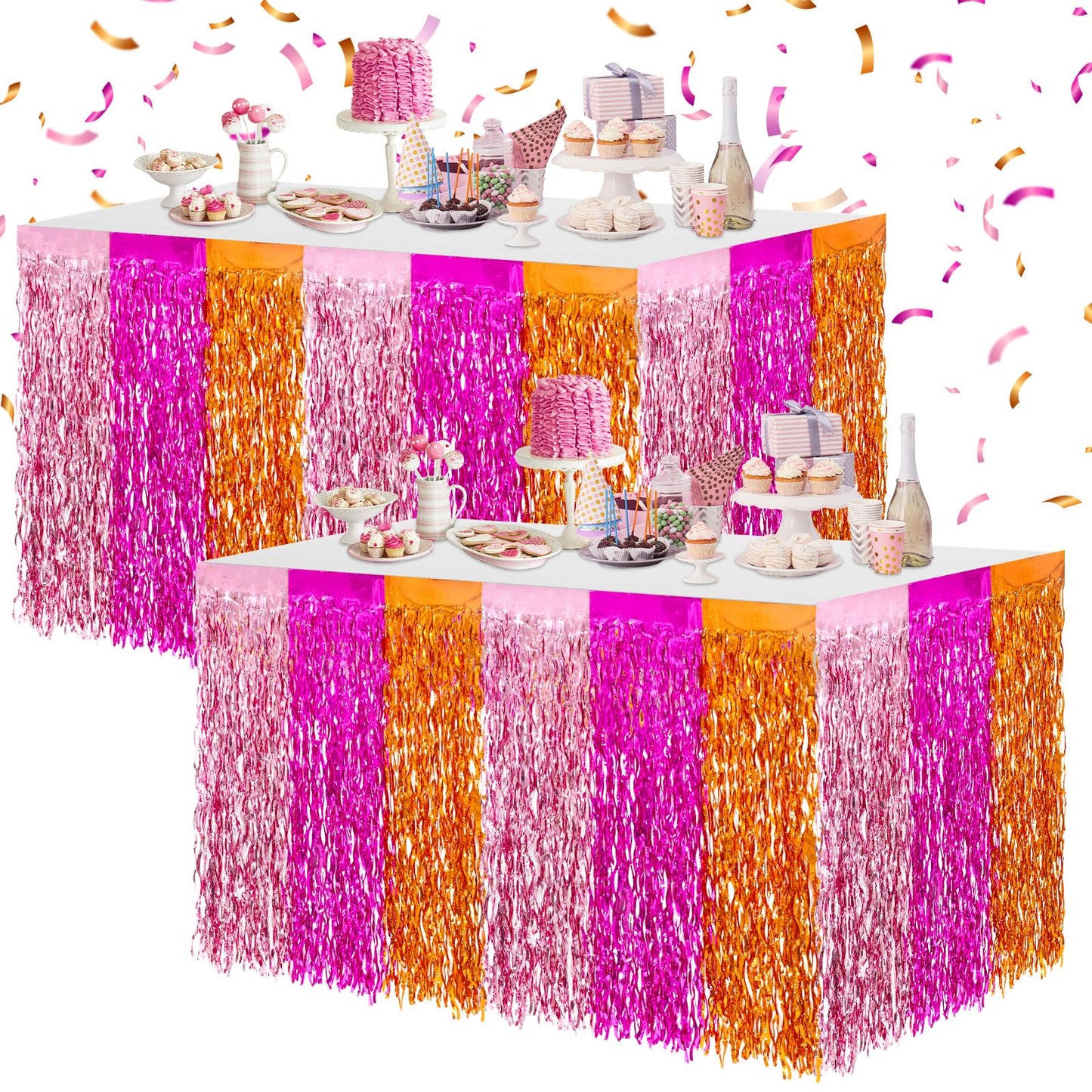 JarThenaAMCS Metallic Tinsel Foil Fringe Table Skirts Light Pink Hot Pink Orange Wavy Disposable Table Skirt 2Pcs Sparkly Party Decor for Parade Floats Wedding Birthday Bride Shower, 29 x 108 Inch