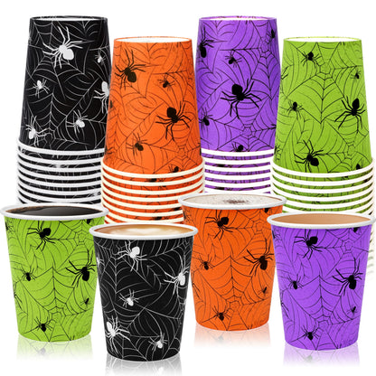 TREWAVE 48Pcs Halloween Paper Cups - 9oz Disposable Party Cups for Hot/Cold Drinks, Snacks - Spider Web Pattern Design in Orange, Purple, Black, Green - Festival Party Supplies