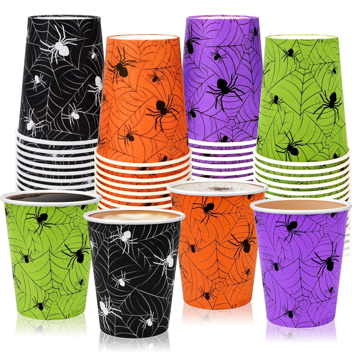 TREWAVE 48Pcs Halloween Paper Cups - 9oz Disposable Party Cups for Hot/Cold Drinks, Snacks - Spider Web Pattern Design in Orange, Purple, Black, Green - Festival Party Supplies