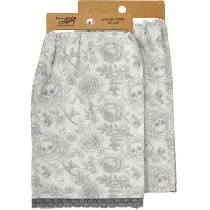 Primitives by Kathy Decorative Kitchen Towel, from Our Halloween Collection displays a Spooky Monochrome Pattern of Skull Flowers and Roses with a complementing Gray lace Trim