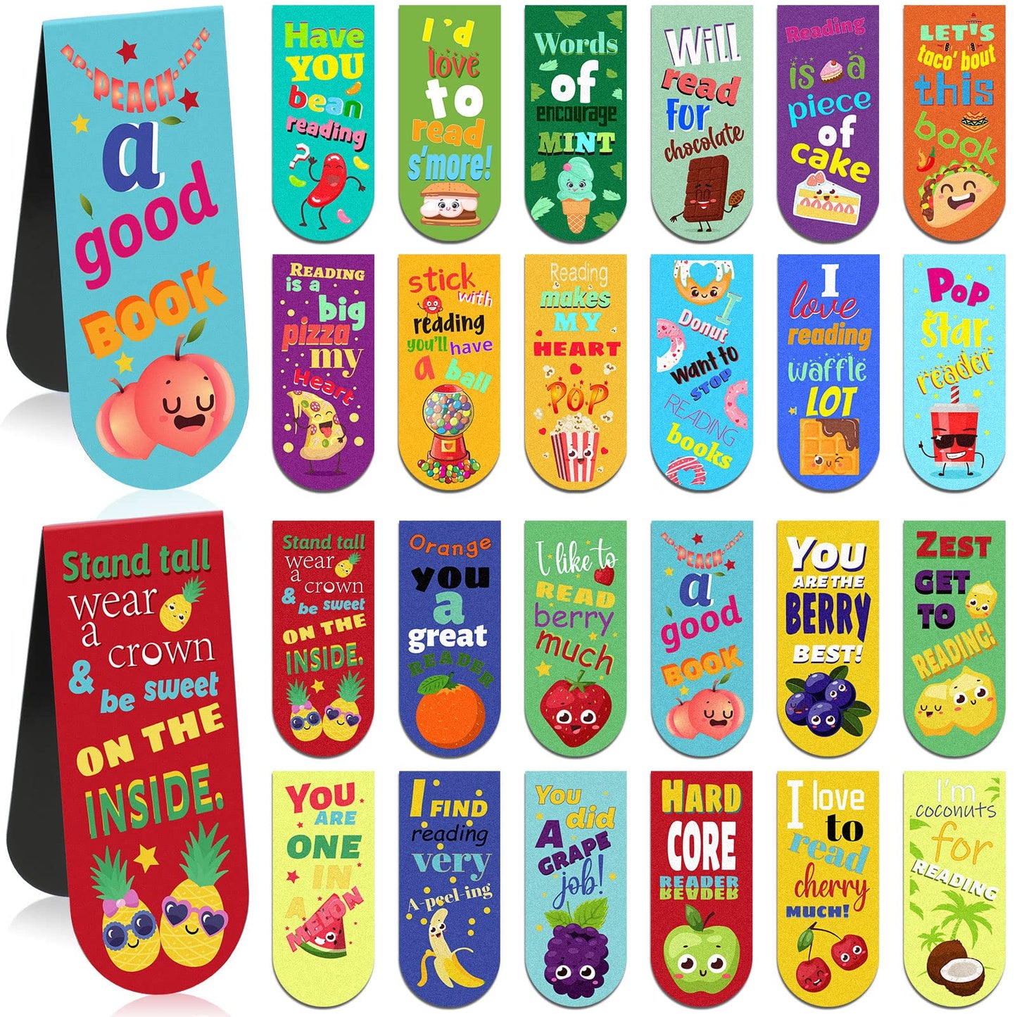 48 Pack Scented Bookmarks Magnetic Scratch and Sniff Fruit Food Bookmarks for Kids Cute Page Markers with Sayings for Kids Students Teens Teachers(Mixed Flavor)