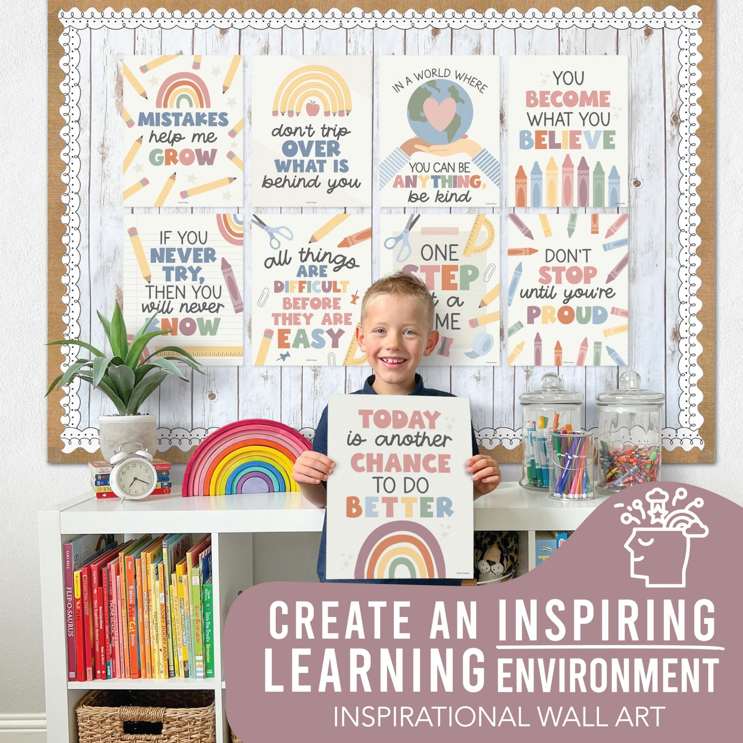 Hadley Designs Motivational Poster for Classroom Decor - 9 Growth Mindset Classroom Posters Elementary, Inspirational Wall Decor Middle School, Teacher Must Haves, Boho Bulletin Board Decorations