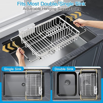JASIWAY White Expandable Stainless Steel Dish Drying Rack Over The Sink for Small Kitchen, Counter Space Saving Compact Plate Drainer Strainer, Adjustable Hanging Metal Dish Dryer with Utensil Holder