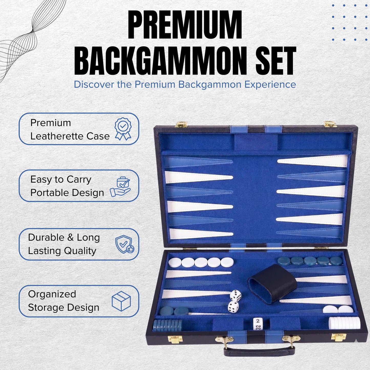 Premium Backgammon 18 Inches Large Blue - Backgammon Sets for Adults and Kids - Leatherette Back Gammon Board Game Set - Travel Backgammon Set Board Encased with Accessories