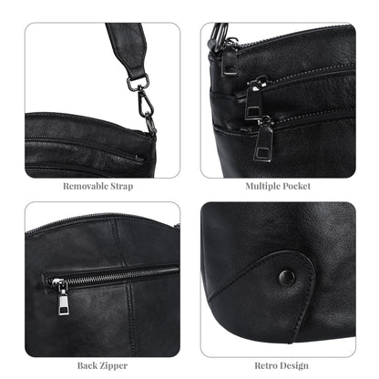 HESHE Crossbody Bags Leather Purses for Women Vintage Shoulder Handbags with Multi Pockets Cross Body Purses for Travel (Black)