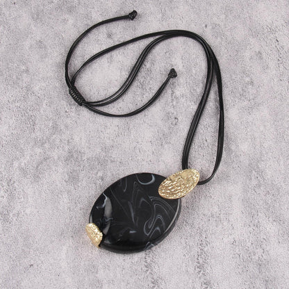 GelConnie Boho Pendant Necklace for Women Long Black Leather Cord Statement Jewelry with Large Oval Black Stone Pendant
