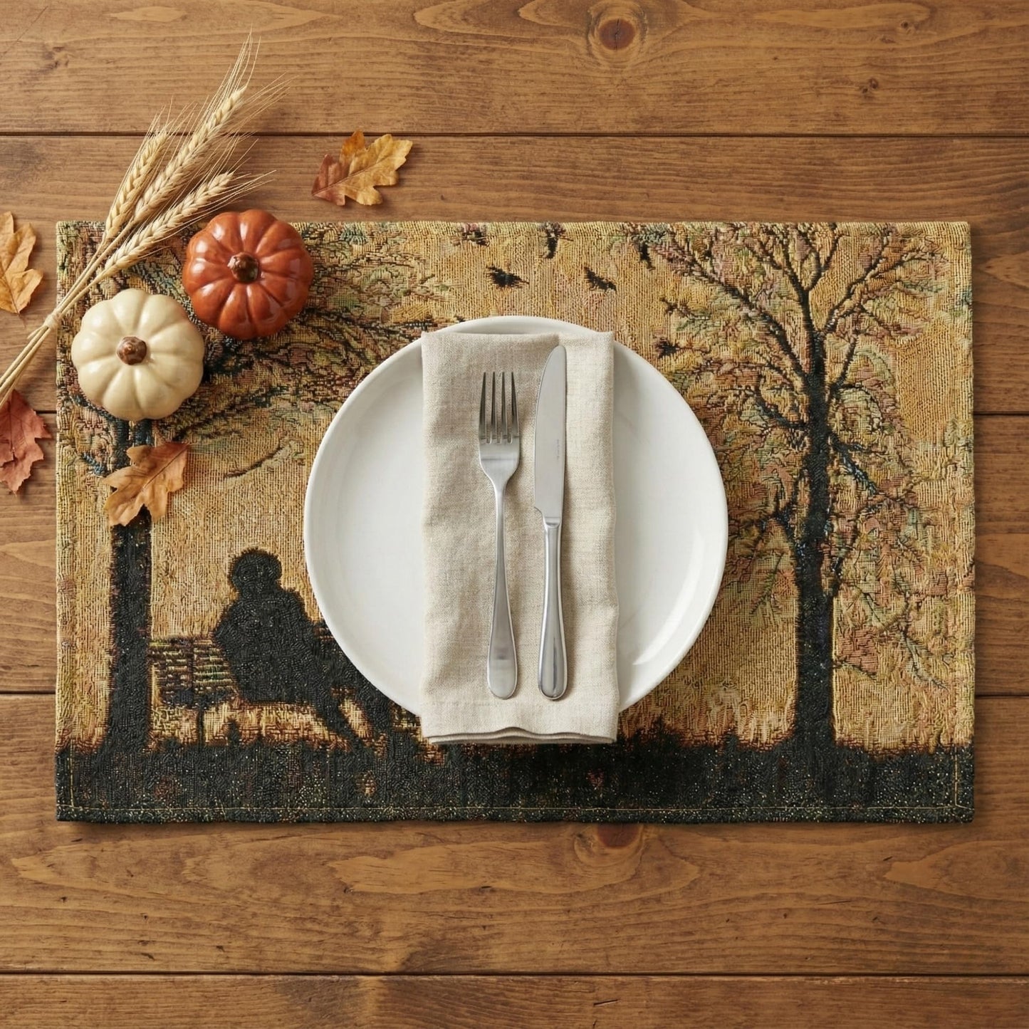 DaDalogy Farmhouse Rustic Dining Placemats - Set of 4 Tapestry Woven Cotton Halloween Kitchen Table Mats Fall Silhouette Decor - Family Cozy Cabin Orange Tan Black Decorative - 13” x 19”