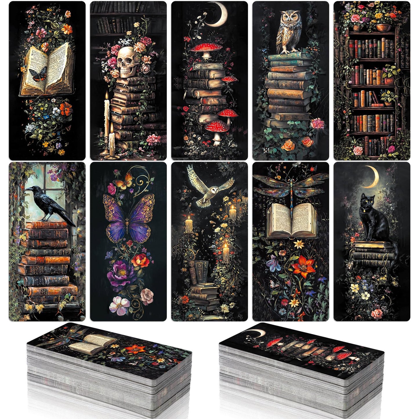 Gersoniel 200pcs Summer Halloween Dark Academia Bookmarks Bulk, 10 Designs Gothic Paper Bookmarks, Dark Romance Bookish Gifts for Book Club Party Favors Reading Accessories for Teens Adults