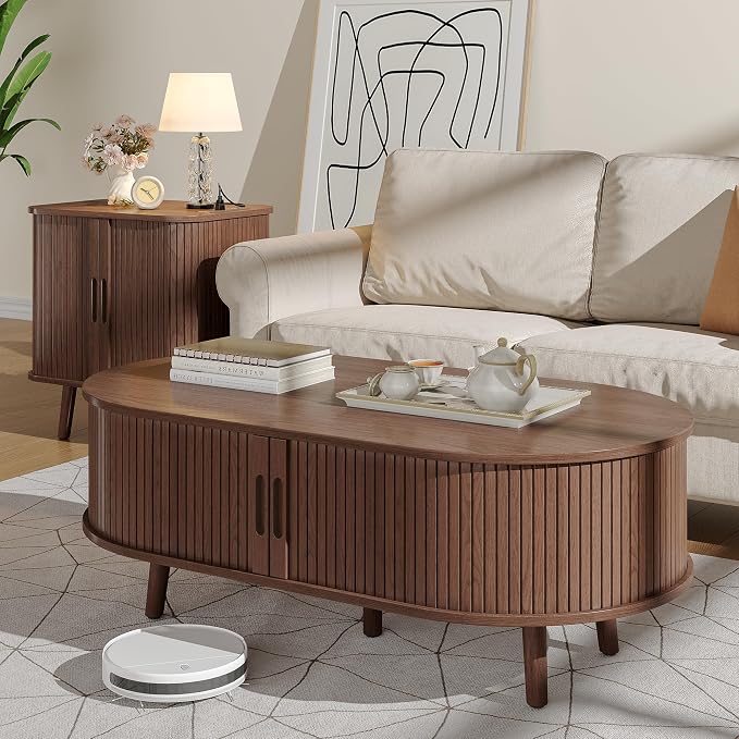 Alohappy 42.5"W Oval Coffee Table, Mid Century Modern Coffee Table with Sliding Tambour Door, Fluted Center Table with Hidden Storage, Curved Profile Dining Table for Living Room, Home Office, Walnut