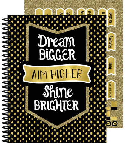 Carson Dellosa Sparkle and Shine Teacher Planner, 8" x 11" Black and Gold Spiral Bound Lesson Plan Book With Stickers, Checklist, Notes, School Supplies for Classroom Organization