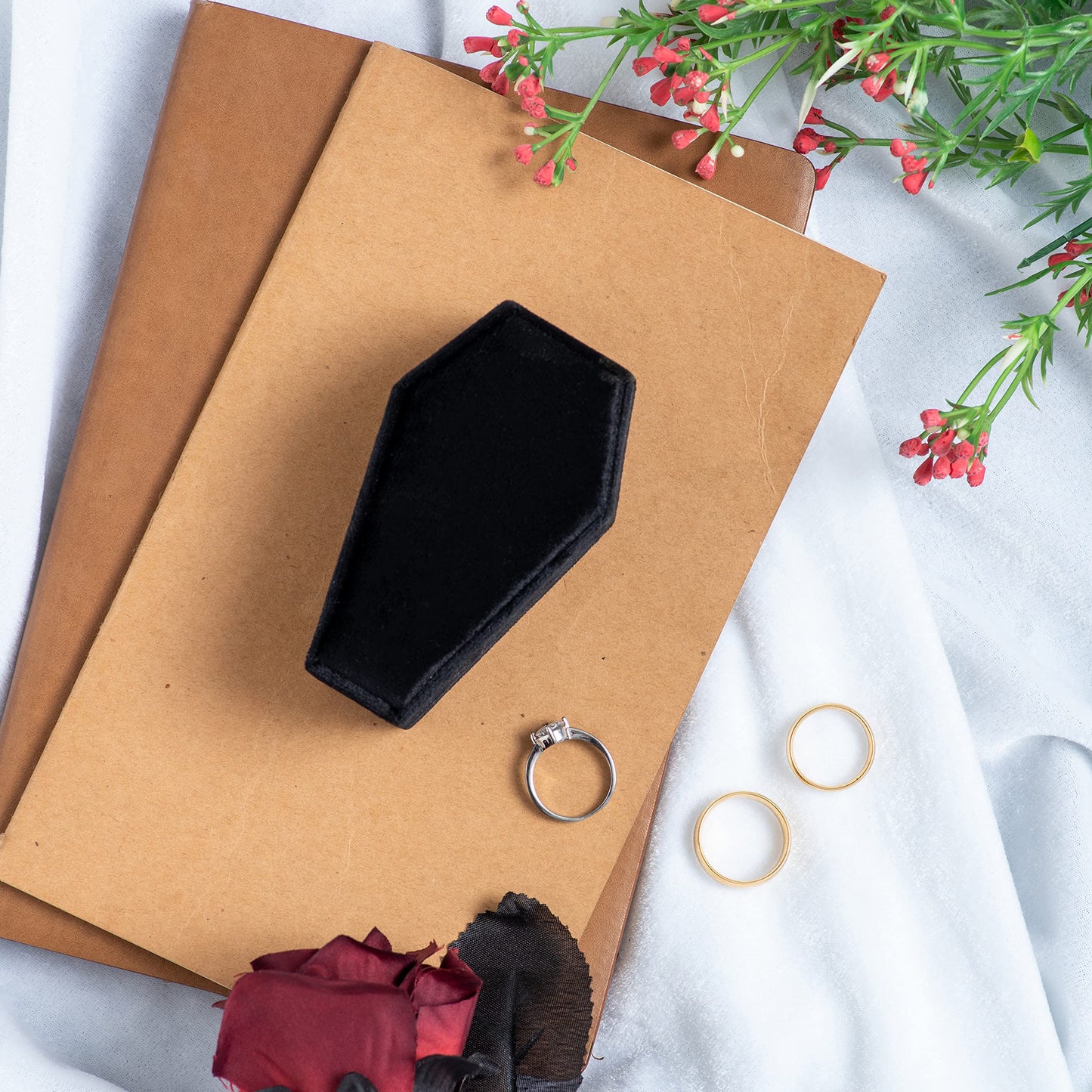 Giftop Velvet Coffin Ring Box Case Holder for Gothic Wedding Ceremony Jewelry Organizer Decorations (Black)