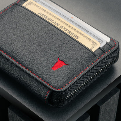 TORRO Leather Card Holder with Coin Case – RFID Blocking Premium Leather Credit Cardholder with Zipped Coin Pouch (Black with Red Detail)