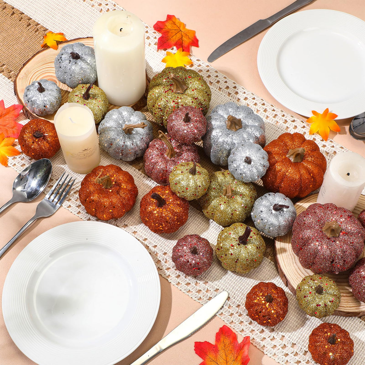 Simgoing 24 Pcs Thanksgiving Glitter Mini Pumpkin Decor Orange, Silver, Gold Small Artificial Foam Pumpkins Fall Tree Hanging Ornament Tiered Tray Decor for Autumn Thanksgiving Party Indoor Home