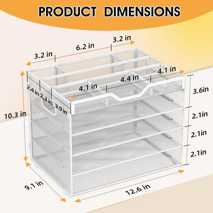 OrgMate 5 Tier Paper Letter Tray with 3 Drop-in Pen Holders, Mesh Desk File Organizer with Handle, Desk Organizers and Accessories for School,Home, Office Supplies Storage-White
