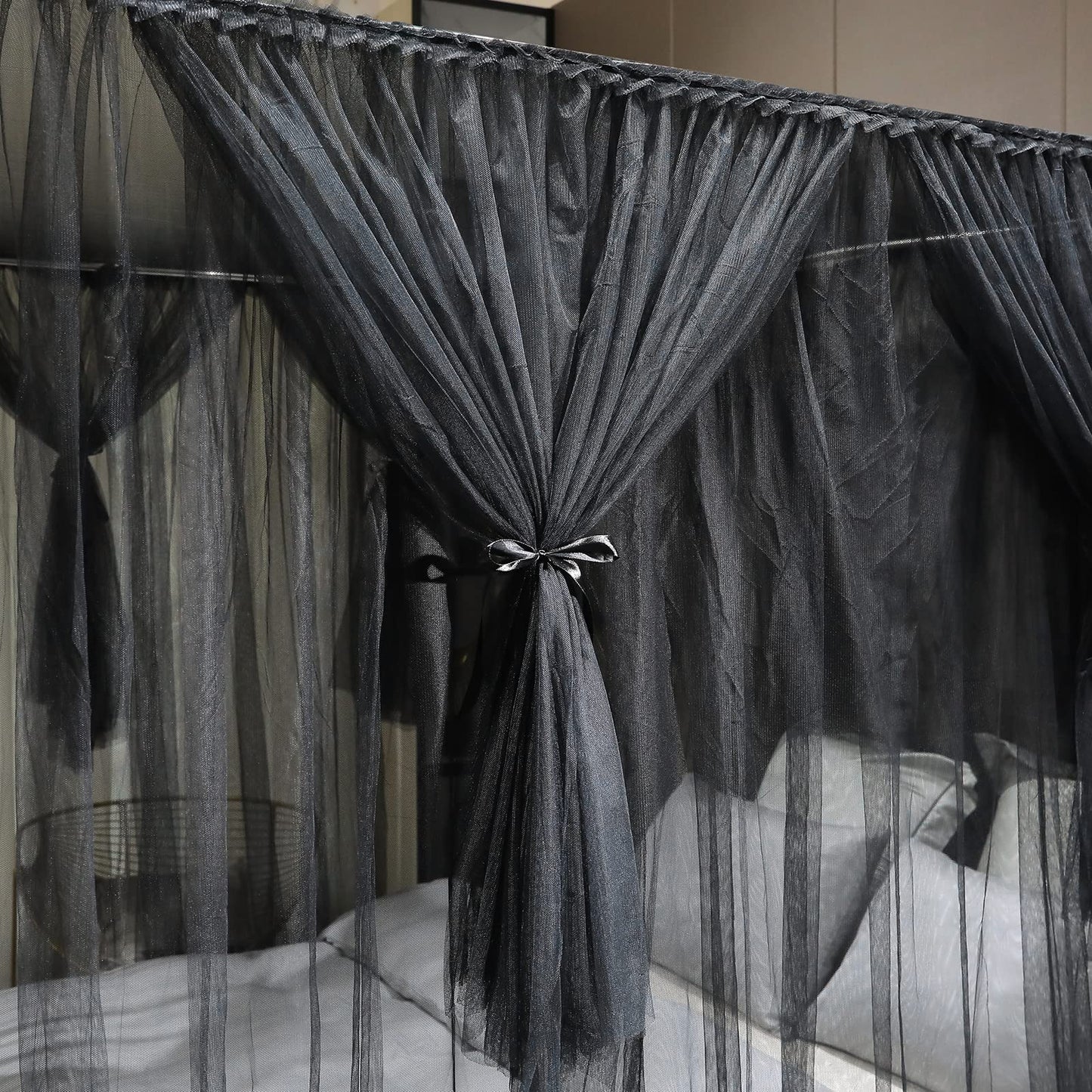 Joyreap 4 Corners Post Canopy Bed Curtain Black- Twin Size Royal Luxurious Cozy Drapes Netting- Elegant Bedroom Decoration Accessories for Adults