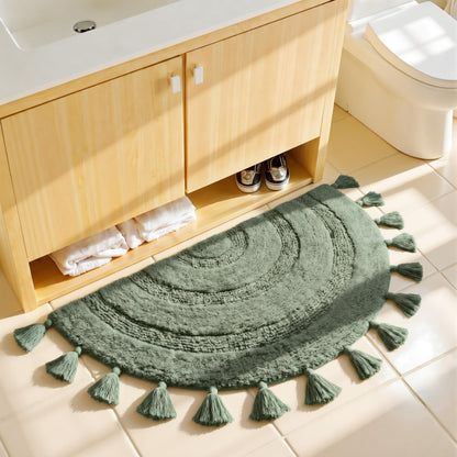 KOEXM Half Circle Boho Bathroom Rugs with Tassels for Bohemian Bedroom Soft Half Circle Rug Handcrafted Crochet Cotton Non Slip Absorbent Washable Rug Cute Bath Mats for Boho Bathroom Decor 32"x20"