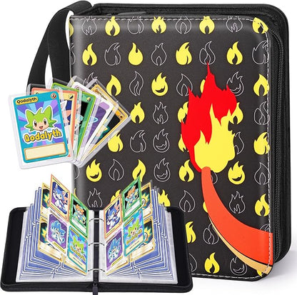 Card Binder – 4 Pocket Zipper Collection Album, Premium PU Holder, Double-Sided Display for 400 Cards, Includes 5 Hard Plastic Sleeves for Game Cards, Sports Cards(Fire)