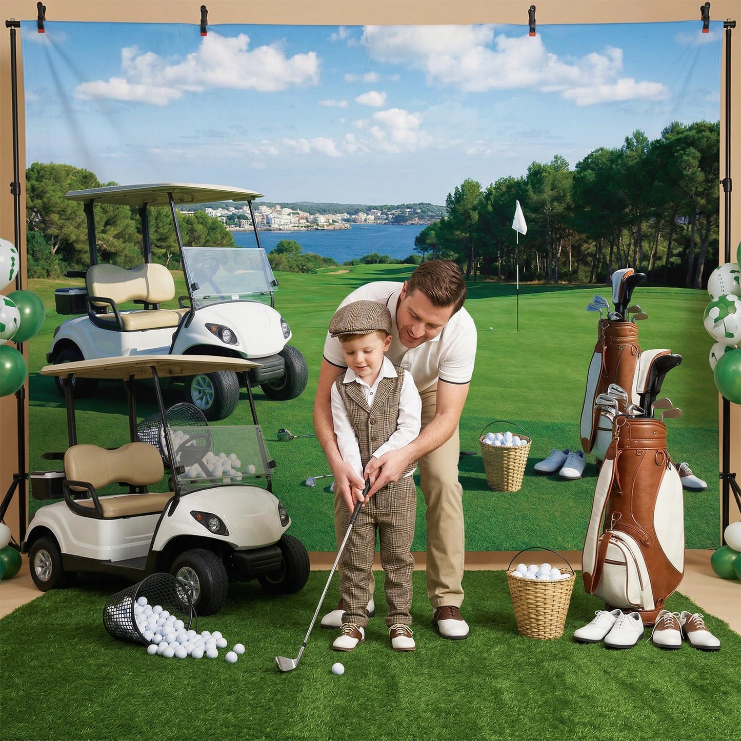 Golf Course Backdrop for Photography - 7x5 ft Golf Sport Holiday Vacation Retirement Backdrop Photo Props Green Grass Blue Sky Lawn Flag Lake Outdoor Sports Backgrounds
