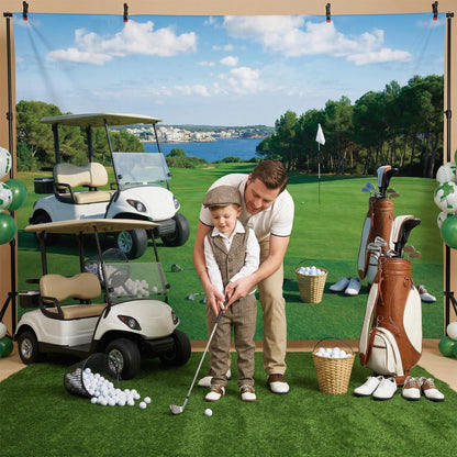 Golf Course Backdrop for Photography - 7x5 ft Golf Sport Holiday Vacation Retirement Backdrop Photo Props Green Grass Blue Sky Lawn Flag Lake Outdoor Sports Backgrounds