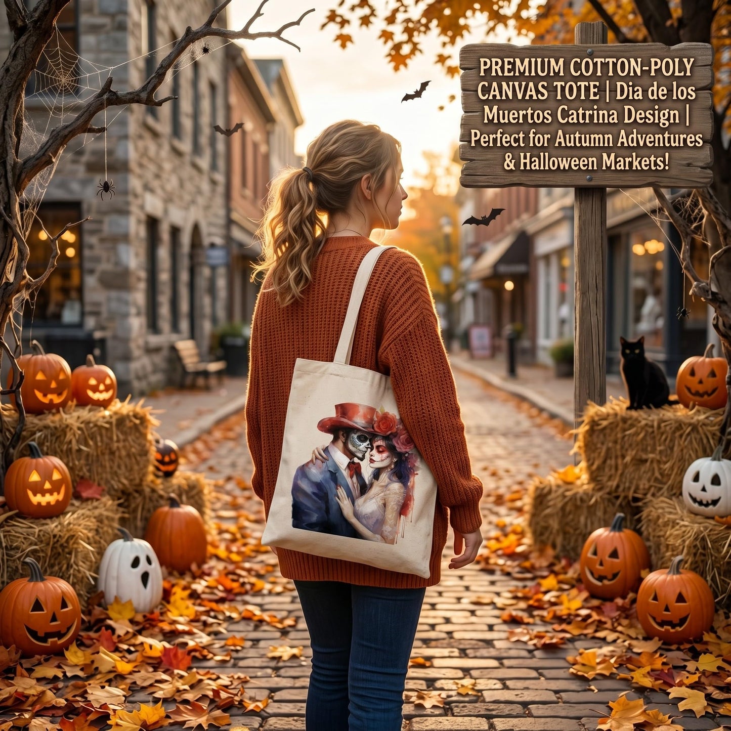 Fall Halloween Tote Bags 2Pcs, Cotton Blend Canvas Tote with Pumpkin Ghost Witch Prints, Reusable Shoulder Bags for Thanksgiving Party Trick or Treat Gift (ghostly lovers)