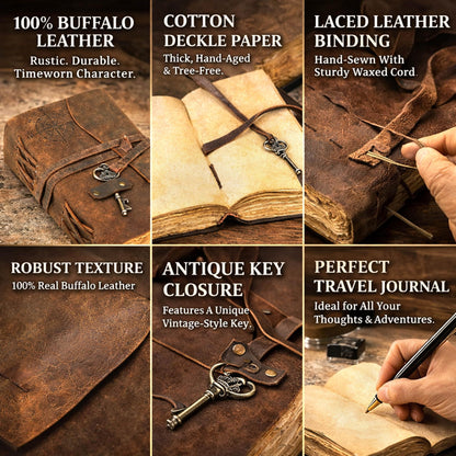 cuero Compass Vintage Leather Journal Antique Handmade Bound Journal with Deckle Edge Paper Diary Leather Sketchbook Drawing Journal Notebook Great Gift Men & Women (6X8 Inch)