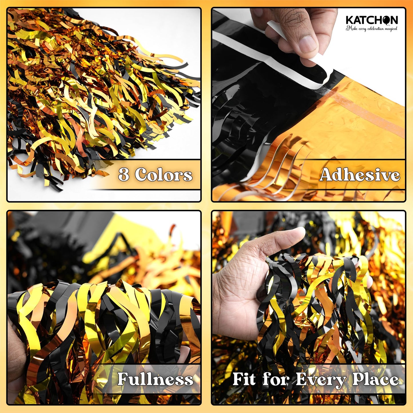 KatchOn, Black and Gold Table Fringe – Pack of 2 | Black, Gold, Orange Party Decorations | Tinsel Table Skirt Streamers for Graduation Decorations 2026 | Construction Party Decorations