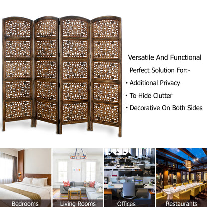 Room Divider Wood Screen - Rajasthan Antique Brown - 4 Panel Folding 72 x 80 - Intricate Hand Carved Decorative Functional Versatile Portable Partition Reversible Freestanding Privacy - COTTON CRAFT