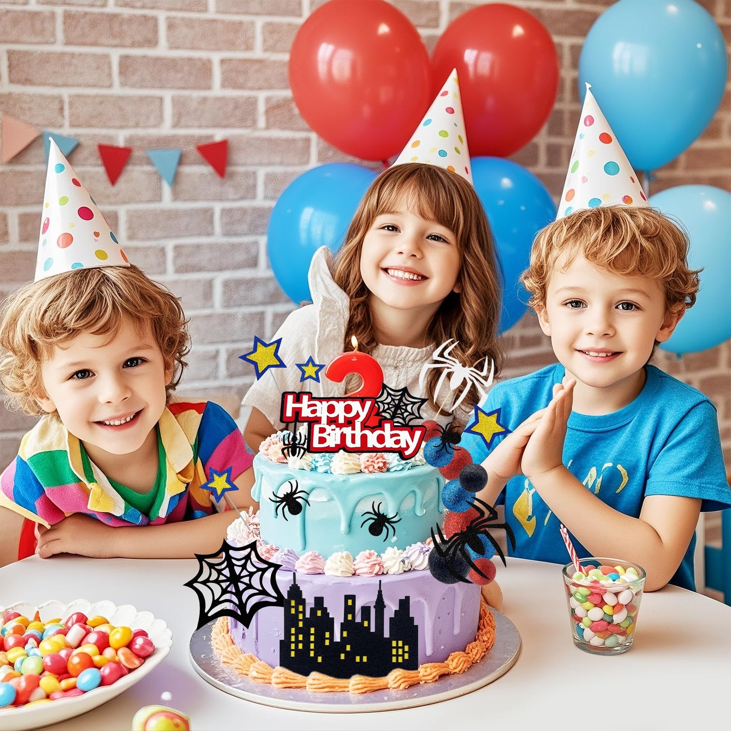 Firleayo 36pcs Spider Cake Topper Spider Web Cake Decoration Spider Themed Cake Decorations Glitter Red Blue Black Balls City Star Cupcake Topper for Boys Men Birthday Party Baby Shower Supplies