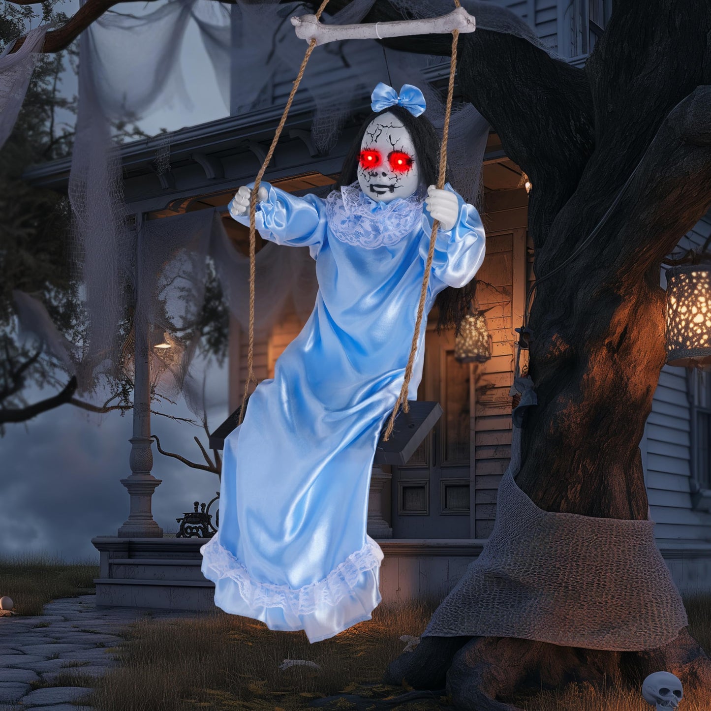 JOYIN 2 Pcs Hanging Ghosts Halloween Decorations Outdoor, 3ft Blue Swinging Creepy Sister Ghost with LED Red Light Eyes Creepy Girl Twins Doll Decor for Indoor Flying Props for Yard Patio Lawn Garden