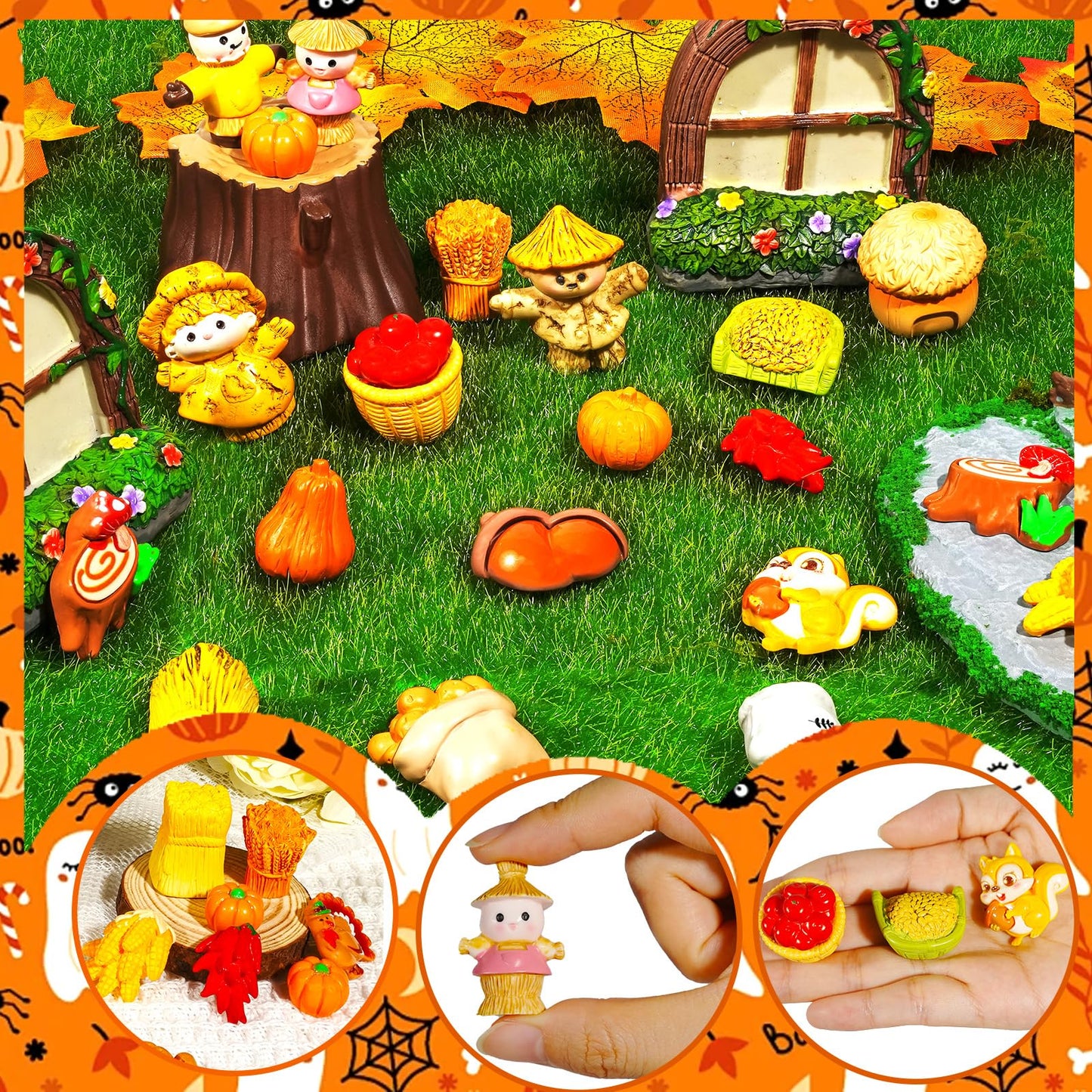 Bbiamsleep 30 Pcs Thanksgiving Mini Figurines Miniature Resin Fall Autumn Pumpkins Scarecrow Turkey for Autumn Home Table Tray Harvest Thanksgiving Decorations
