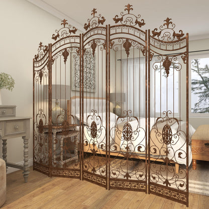 Deco 79 Metal Partition Room Divider Screen Hinged Foldable Arched Partition 5 Panel Privacy Screen with Relief Acanthus Design, Room Partition 80" x 1" x 80", Bronze