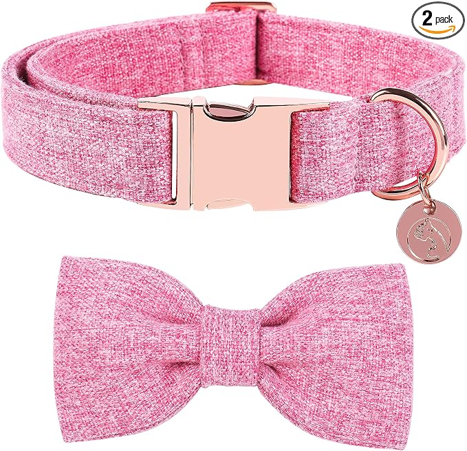 DOGWONG Hemp Cotton Dog Collar with Bow, Pink Pet Collar Durable Adjustable Girl Puppy Collar for Small Medium Large Dogs