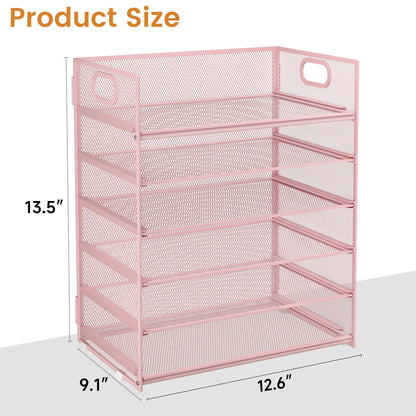 Subekyu 6-Tier Desk Paper Organizer, Desktop File Letter Tray with Handle, Document Sorter and Accessories Holder for Office, Home and School Workspace Organizers, Pink-2 Pack