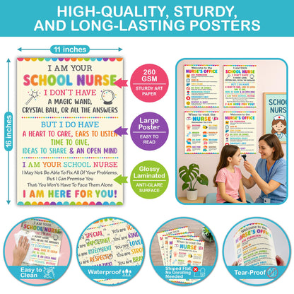 Lalunia 4 Pcs School Nurse Poster - 11"x16", When You Enter This Clinic, Health Office Posters for Office Bulletin Board Decorations, Education Back to School Nurses Supplies