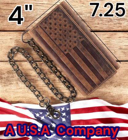 F&L CLASSIC RFID Blocking Mens Tri-fold Long Style Cowhide Leather Steel Chain Wallet,brown flag,212-100